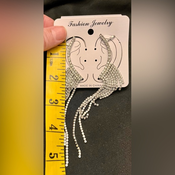 Silver Sparkling Crystal Rhinestone Runway Model Princess Dangle Earrings Cuffs - Picture 11 of 11